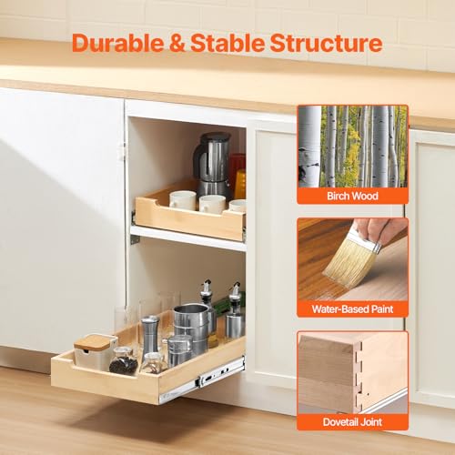 1 Tier Pull Out Cabinet Organizer - 14 x 21 Inches Wooden Shelf with Soft Close Slides