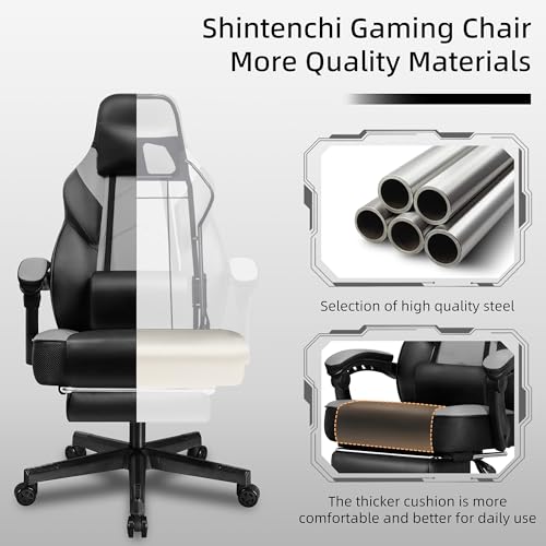 Shintenchi Gaming Chair with Footrest & Massage Lumbar Support - Grey
