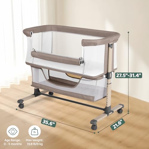Cowiewie Khaki Bedside Bassinet Bedside Sleeper, Breathable & Adjustable