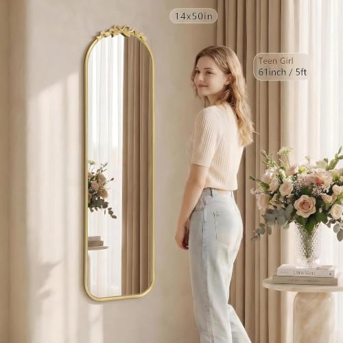 Gleaming Gold Full-Length Over-The-Door Mirror - 14x50 Inch Arched Design with Bow