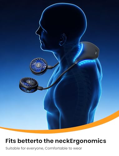 Neck Fan with 10000mAh Battery, 360° Rotation Hands-Free Wearable Portable Fan - Black & Blue