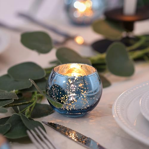 LAMORGIFT 24 Pcs Blue Votive Candle Holders - Blue Mercury Glass Centerpieces for Wedding Decor