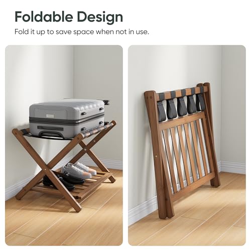 Dark Walnut Luggage Rack with Folding Storage Shelf - 26.77" Fully Assembled