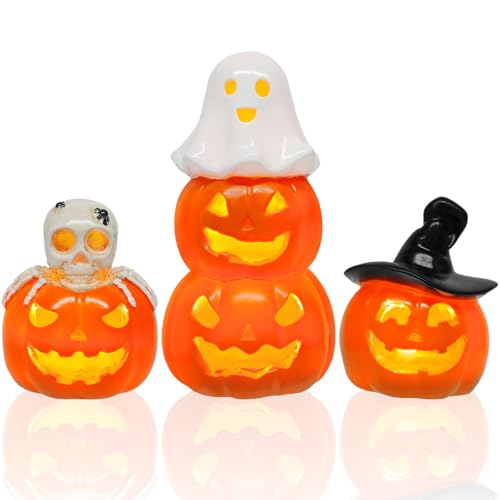 Rileryan 3 PCS Halloween Jack O Pumpkin Figurines Skull Ghost Figurine for Halloween Spooky Haunted Decor Gifts Home Kitchen Indoor Tabletop Tiered Tray Fireplace Decoration