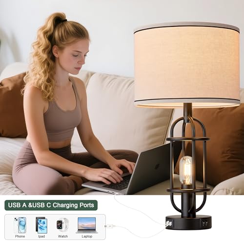 Reaketon 22.3” Farmhouse Table Lamps Set of 2 - Matte Black with USB Charging Ports