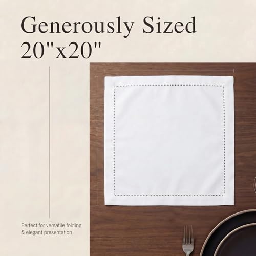 White Hemstitch Cloth Napkins Set of 12 - 20x20 Inches, 100% Cotton, Reusable & Hotel Quality