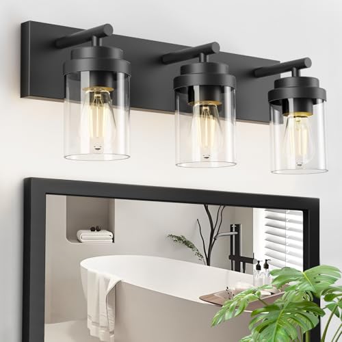 IZORRO 22 Inch Black Bathroom Vanity Light Fixture 3-Light Over Mirror with Clear Glass Shades - Modern Farmhouse Style