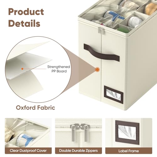 OIAHOMY 4 Pack Beige Foldable Shoe Organizer with Adjustable Dividers, Stackable Shoe Storage Bins for Closet, Fits Up to 32 Pairs