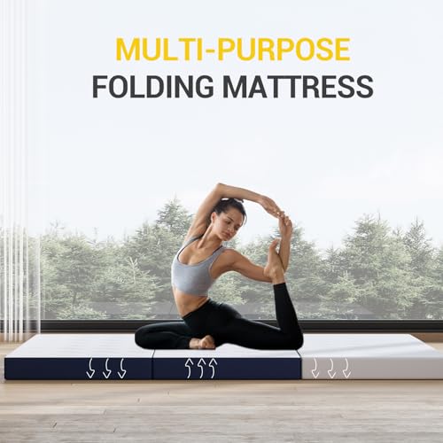 Blue Full Size Foldable Memory Foam Mattress Topper - 4 Inch Trifold Portable Bed