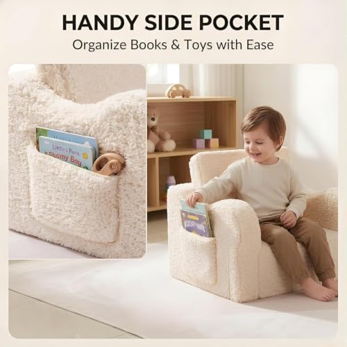 Kids Sofa Chair 2-in-1 Foldable Couch with Sherpa Cover - Cream, Medium - MOMCAYWEX