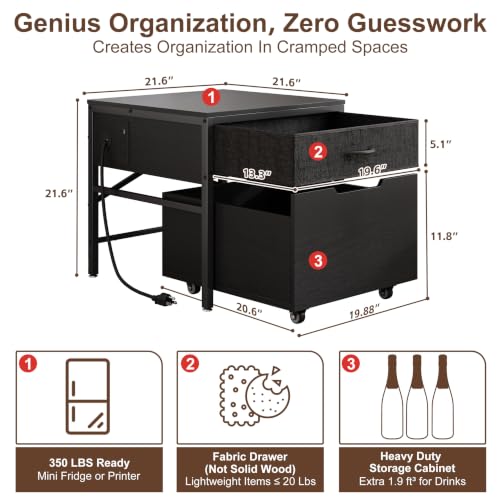 MAJALiS Mini Fridge Riser Stand Table with Storage & Power Outlet, Black