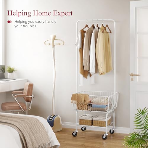 White Rolling Laundry Cart with Hanging Rack & Storage Basket - Multi-Functional Organizer