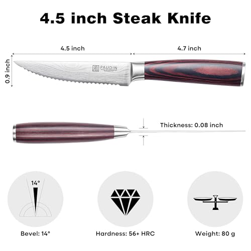 PAUDIN 4.5-Inch Steak Knives Set of 6 | Serrated High Carbon Stainless Steel