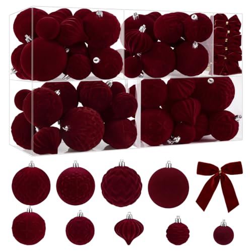 Velvet Christmas Tree Ball Ornaments Set, 80pcs, Burgundy - SHareconn