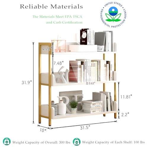 OSCHF 3-Tier Open Shelf Bookcase - White with Gold Frame, Modern Storage