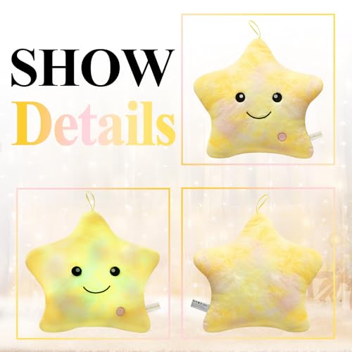 Glow Stuffed Animal Night Light Up Star Pillow for Kids Pillows Decorative Toy Boys Girls Plushies Children Christmas Birthday Gifts, LED Lighted Star Plush Pillows Bed Room Home Pink Yellow