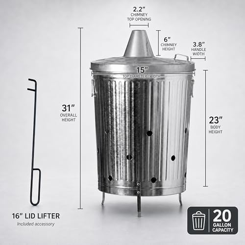 20-Gallon Galvanized Steel Incinerator Can with Lid and Ventilation Holes - Outdoor Yard Waste Burner