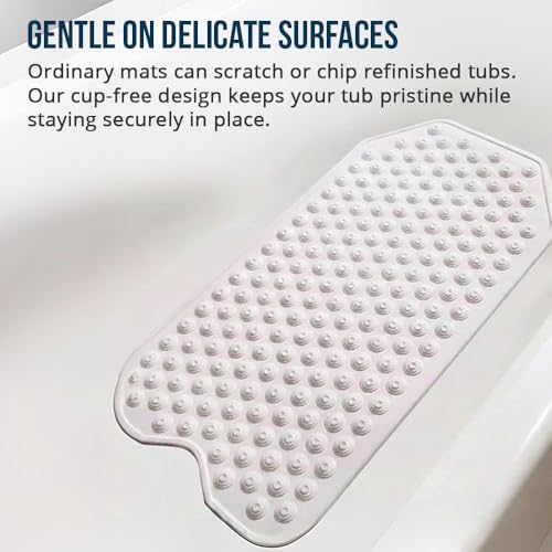 Refinished Bathtub Mat No Suction Cups - White, Non-Slip Rubber for Textured & Refinished Tubs