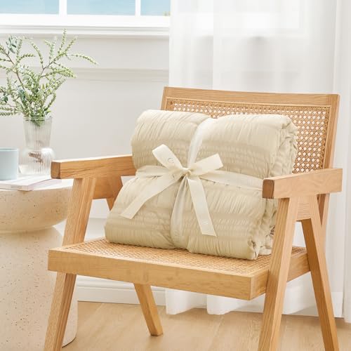 Queen Size Cooling Comforter - Khaki Seersucker Bed Bedding for Hot Sleepers