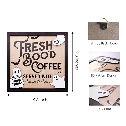 Halloween Decorations Wooden Hanging Sign, Fresh Boo'd Coffee Ghost Door Hanger Sign For Outdoor Home Farmhouse Wall Window Yard,Party Supplies Halloween Christmas.(007)