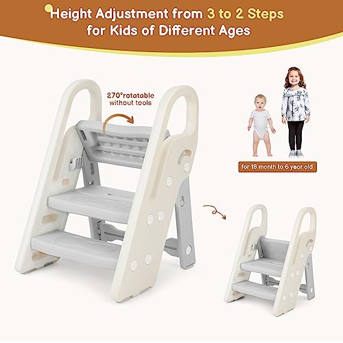 Onasti Gray Foldable 3-Step Stool for Kids Bathroom & Kitchen Helper, Adjustable & Space-Saving