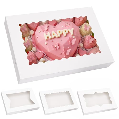 60pcs Bakery Boxes with 3-Style Clear Windows - Large 16x11x2.5 Inches, Foldable Cardboard for Pastries, Cakes, Cookies - Variation 60