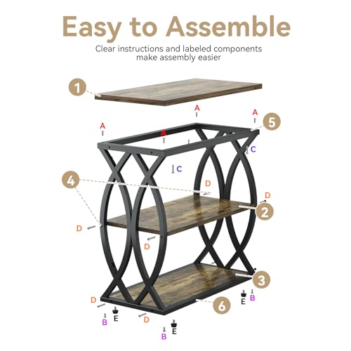 Narrow 3-Tier End Table with Rustic Brown Wood Top and Metal Frame for Small Spaces