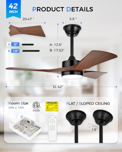 JAZAVA 42-Inch Wood Grain Ceiling Fan with Light & Remote, Damp Rated, 3-Blade, 6-Speed DC Motor (Variation: Wood Grain 1 / 42 Inch)
