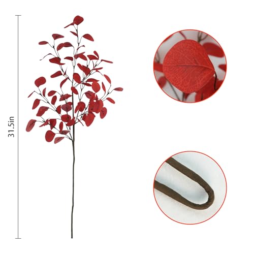 Red Artificial Eucalyptus Leaves Stems 33.8'' for Christmas & Holiday Decor - Set of 4