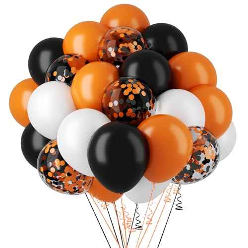 Black and Orange Balloons 62Pcs 12 Inch Metallic Halloween Party Balloons Black Orange White Confetti Balloon Set with Ribbon for Halloween Birthday Wedding Anniversary Baby Shower Party Decorations