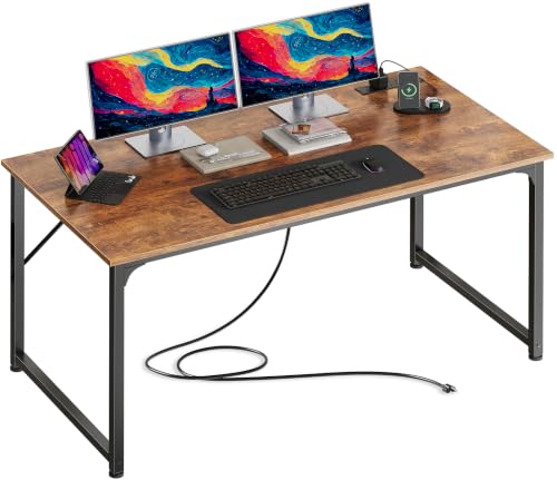 PRAISUN Rustic Brown 47.2 x 23.6 Inch Deep Office Desk with Power Outlets