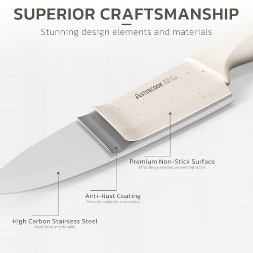 15-Piece Kitchen Knife Set with Sharpener Block - German Stainless Steel, Anti-Rust, Dishwasher Safe, Elegant Cream White