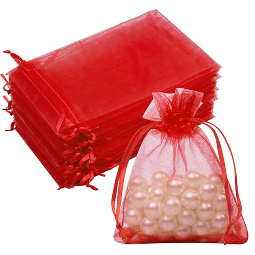 Crweety Red Organza Bags 3x4 Inches - 50PCS Small Gift Pouches for Jewelry, Candy, Wedding & Party Favors