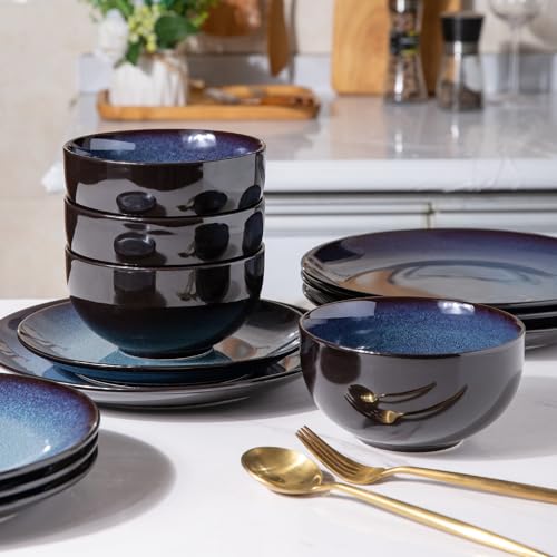 Ceramic Dinnerware Set for 4 - 12 Pieces, Blue, Includes Plates & Bowls - Elegant & Safe