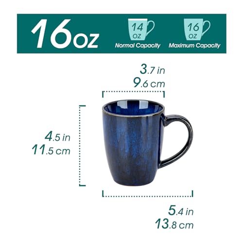 Blue Ceramic Coffee Mug Set of 6 - 16 Oz Tea Cups with Handle, Microwave & Dishwasher Safe
