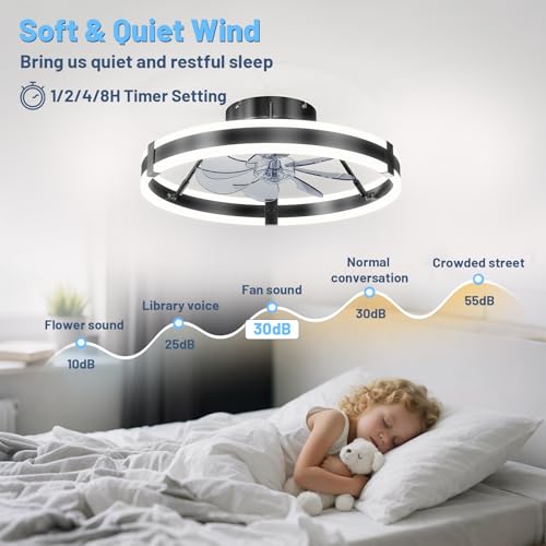 Black 19.7-Inch Low Profile Bladeless Ceiling Fan with Lights & Remote - Modern Design