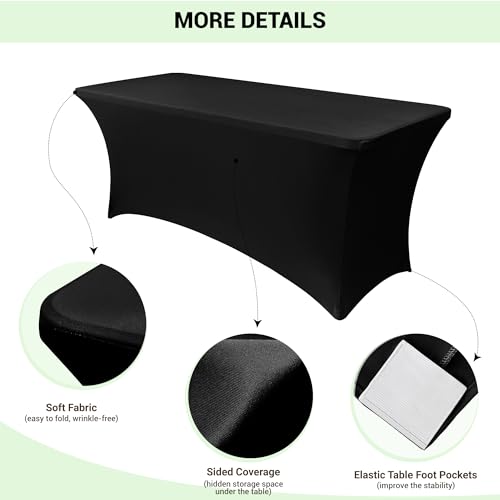 Stretch Spandex Table Covers for 6 Foot Tables - Black, 6 Pack, 72x30 Inches - Obstal