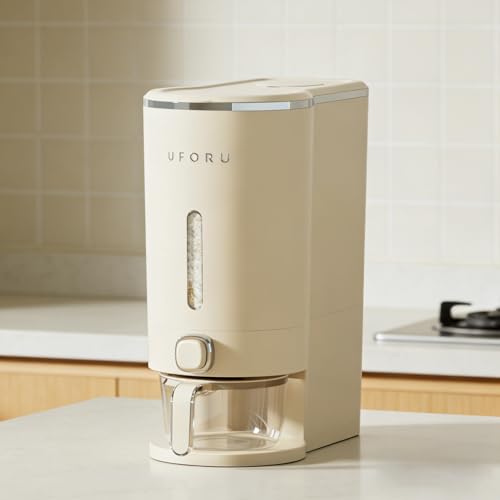 UFORU Cream White 23-25LB Airtight Rice Dispenser with Measuring Cup and Pest Prevention