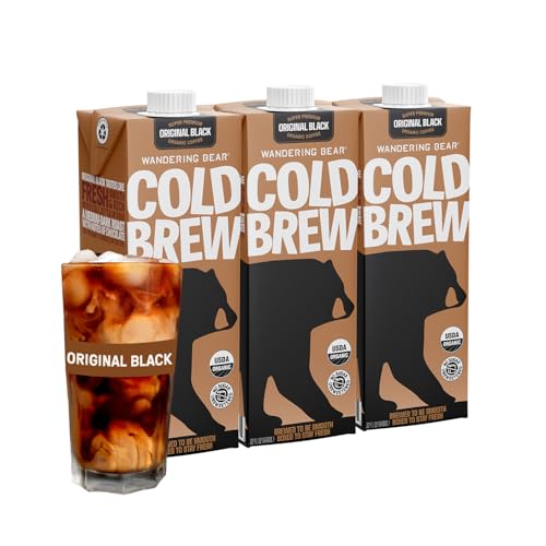 Wandering Bear Organic Cold Brew Coffee 32oz Pack of 3 - Straight Black, Strong & Ready to Drink
