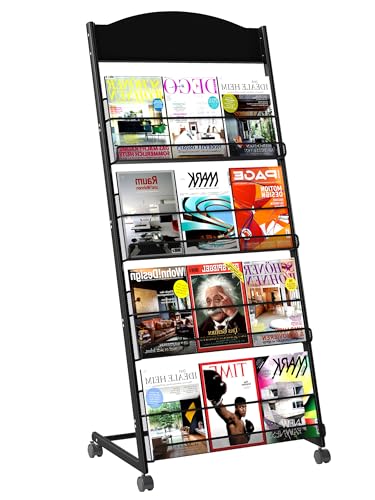 4-Layer Floor Standing Magazine Rack with Wheels & Top Billboard for Exhibitions & Offices