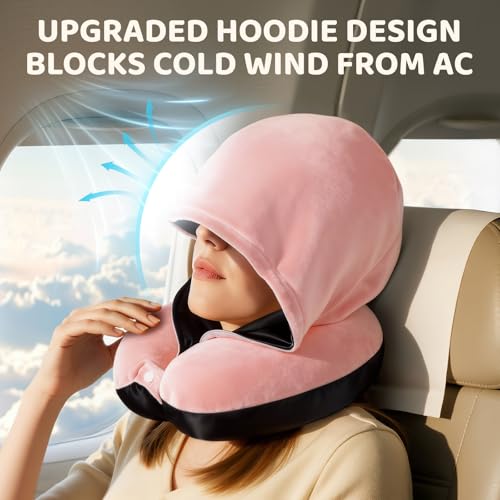 Mewaii Pink Travel Neck Pillow with Hood - Memory Foam & Privacy Cover
