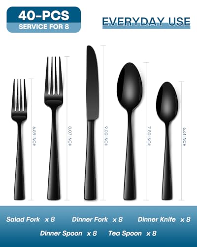 Black 40-Piece Stainless Steel Flatware Set for 8 - Modern Dinner Cutlery