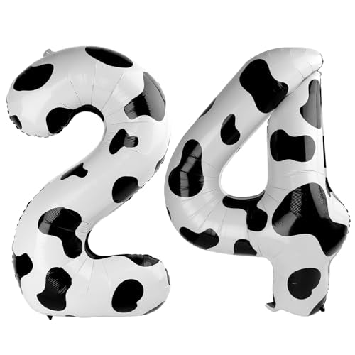 Cow Print Number 24 Balloon 40 inch, 24 Number Balloons, 24th Cow Farm Barnyard theme Birthday Decorations for Girls Boys Kids, 24 Year Old Party Supplies