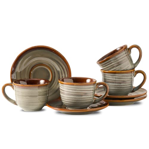 Brown 8oz Ceramic Espresso Cups with Saucers - Set of 4 for Coffee & Tea