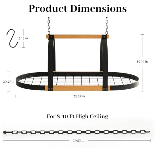 39-Inch Heavy Duty Ceiling Mount Pot Rack with 20 Hooks - Rustic Black & Wood
