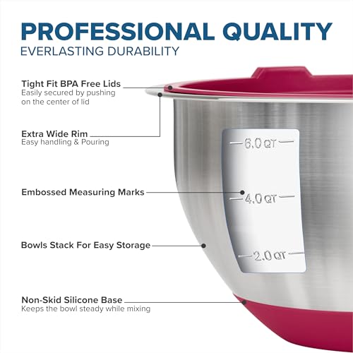 Viking 10-Piece Stainless Steel Mixing Bowl Set with Red Non-Slip Silicone Base & Lids