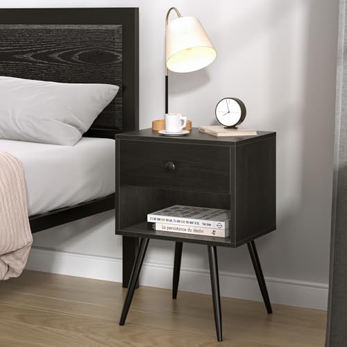 VECELO Black Nightstands Set of 2 | Modern Mid Century Bedside Tables with Storage Drawer & Open Shelves