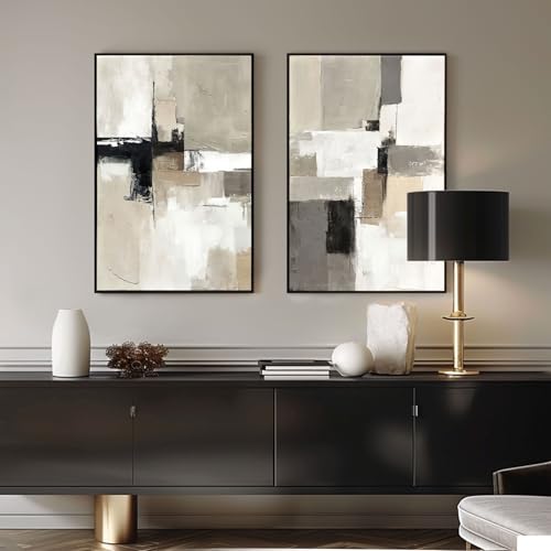 Framed Neutral Abstract Wall Art Set of 2 - 24x36 Inches, Beige Gray Black