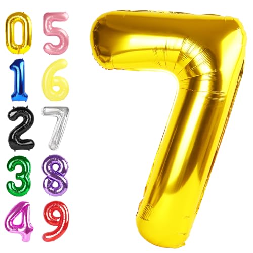 7 Balloon Gold Number, 17th Birthday Decorations For boys And Girls, 40 Inch Big Balloons for 7, 17, 27, 70 Birthday, Wedding Anniversary, Christmas, New Year, Halloween Party Decoration