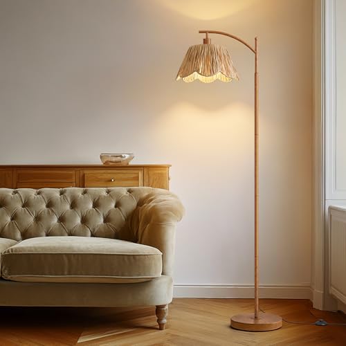 Walnut Oneach Rattan Floor Lamp with Foot Switch - Boho Farmhouse Style